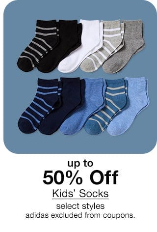 up to 50% Off Kids' Socks, select styles. adidas excluded from coupons.