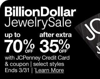 Billion Dollar Jewelry Sale up to 70% off after extra 35% off* with JCPenney Credit Card & coupon | select styles | Ends 3/31 | *Learn More