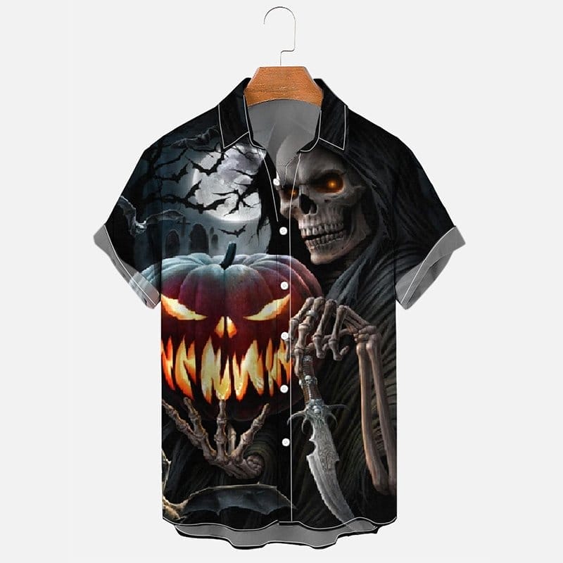 Men's Halloween Pumpkin Lamp Skull Bat Print Short Sleeve Shirt