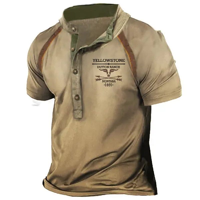 Men's Vintage YELLOWSTONE Print Short Sleeve Henley Shirt