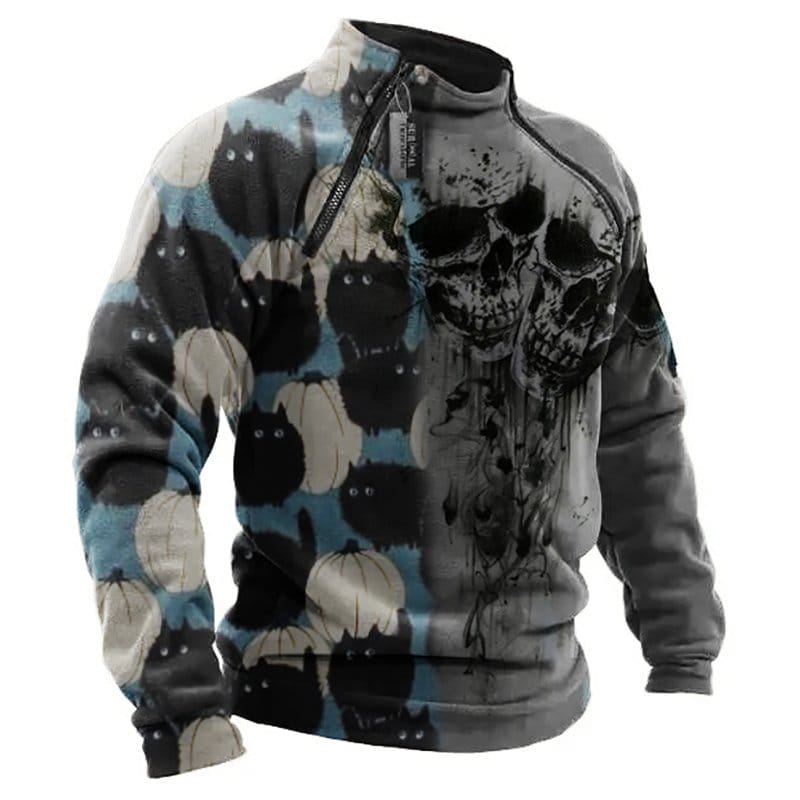Men's Colorblock Skull Cat Print Semi High Neck Sweatshirt