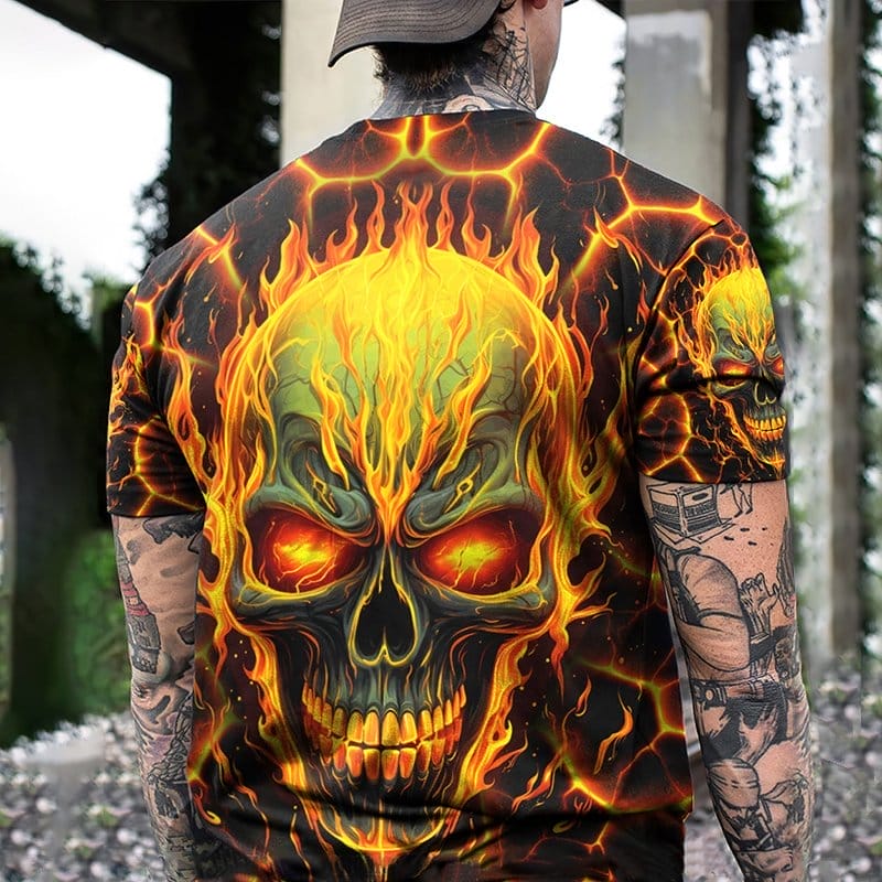 Men's Vintage Skull Graphic Flame All-Over Print T-Shirt