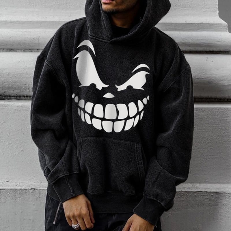 Men's Casual Contrast Color Scary Face Print Pocket Hoodie