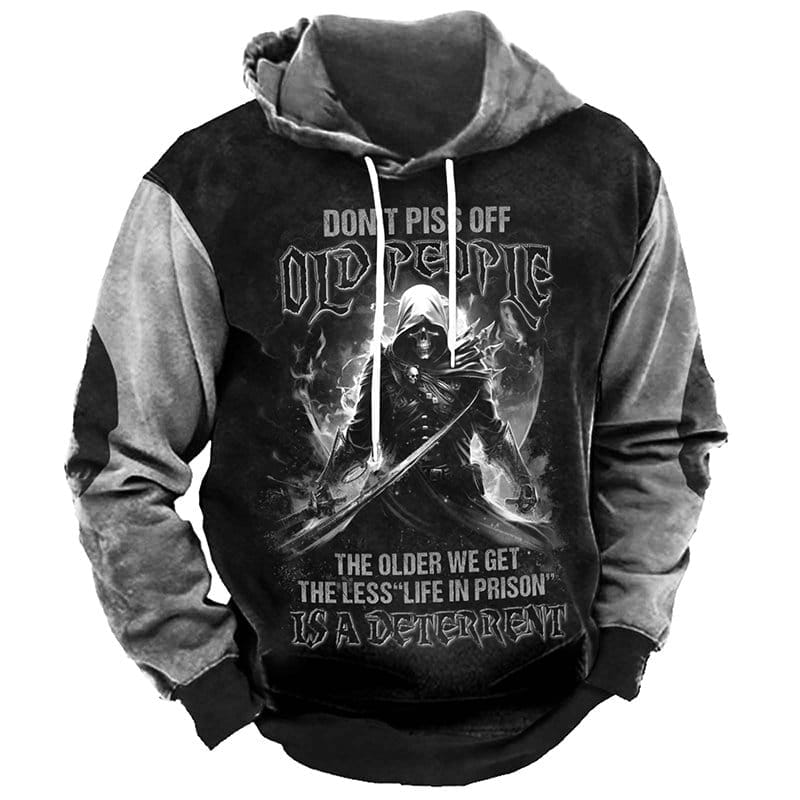 Men's Retro Don't Piss Off Old People Knight Skull Print Hoodie