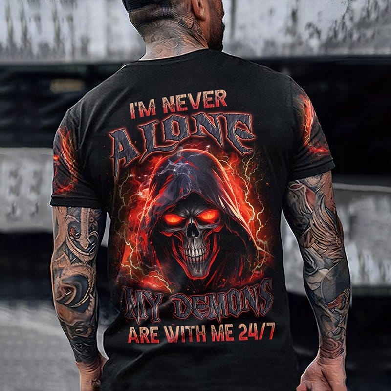 Men's Retro I'm Never Alone My Demons Are With Me Reaper Print Tees