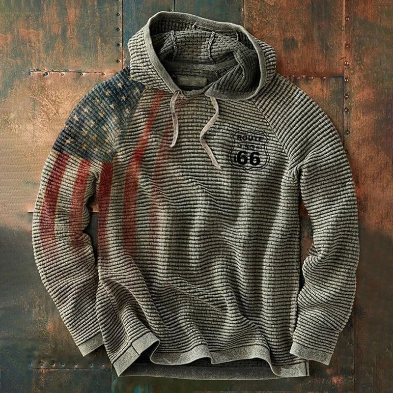 Men's Vintage American Flag Route 66 Print Waffle Hoodie