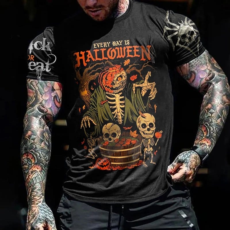 Men's Every Day Is Halloween Pumpkin Skeleton Print Tees