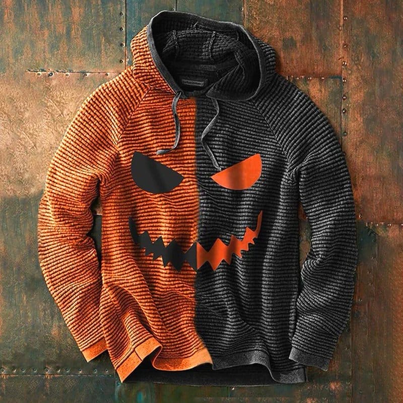 Men's Halloween Pumpkin Lamp Print Colorblock Hoodie