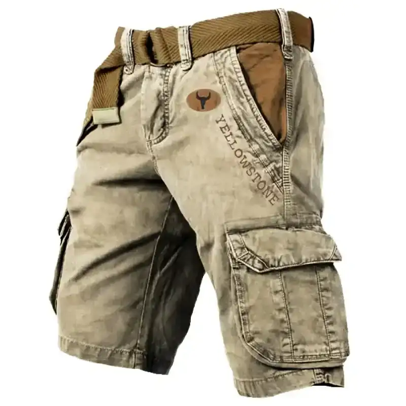 Men's Retro Multi Pocket YELLOWSTONE Print Tactical Shorts