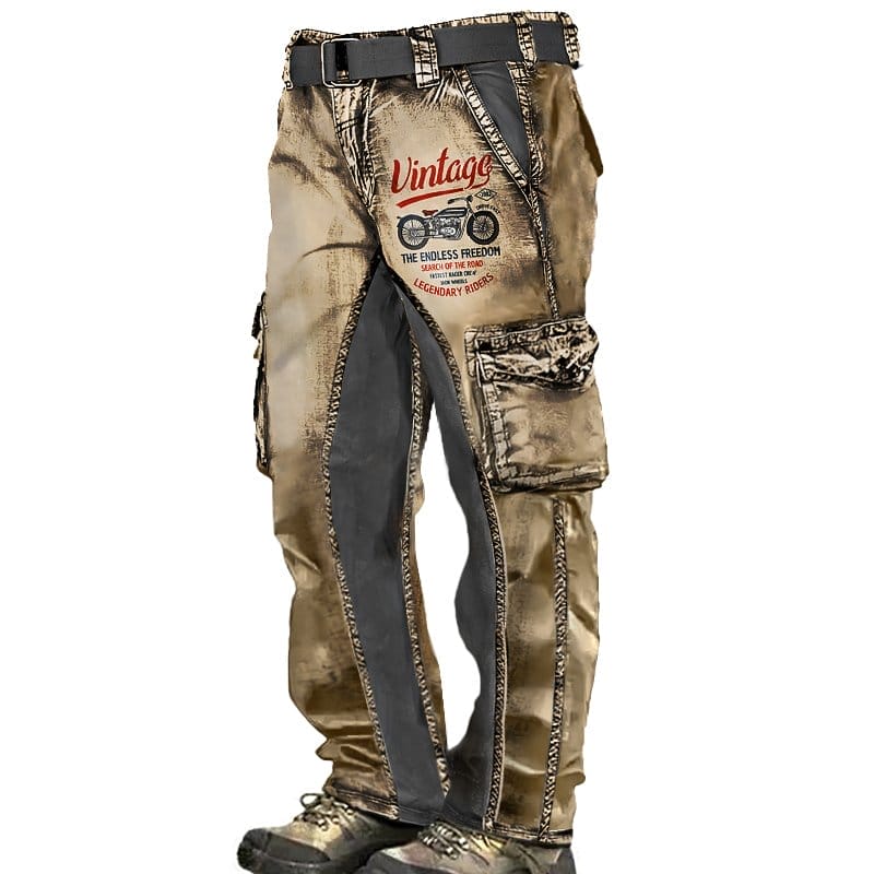 Men's Vintage Motorcycle Print Colorblock Outdoor Cargo Pants