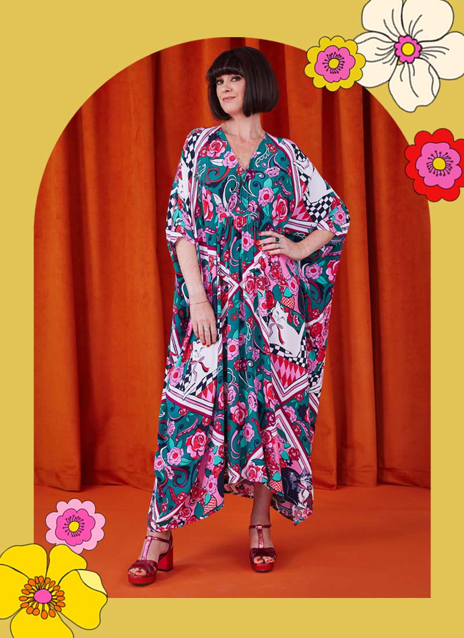 Dawn O’Porter X Joanie - Vesper Geometric Cat Print Kaftan Midaxi Dress