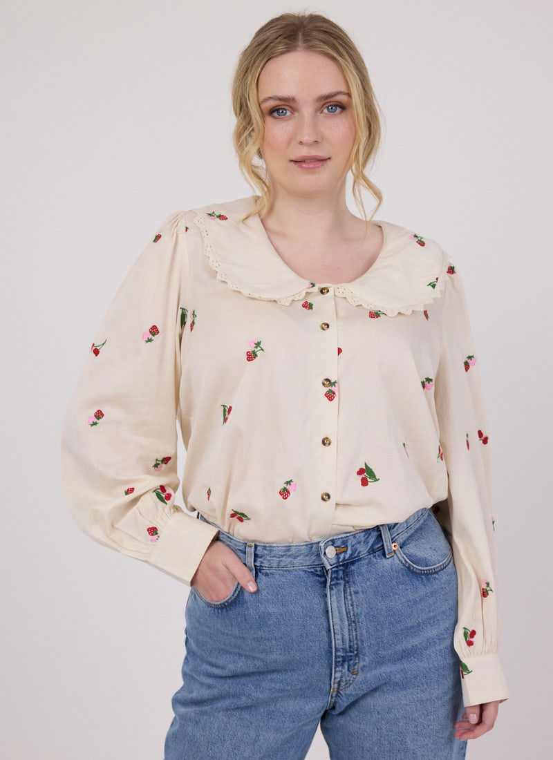 Alba Cherry Print Embroidered Peter Pan Collar Blouse