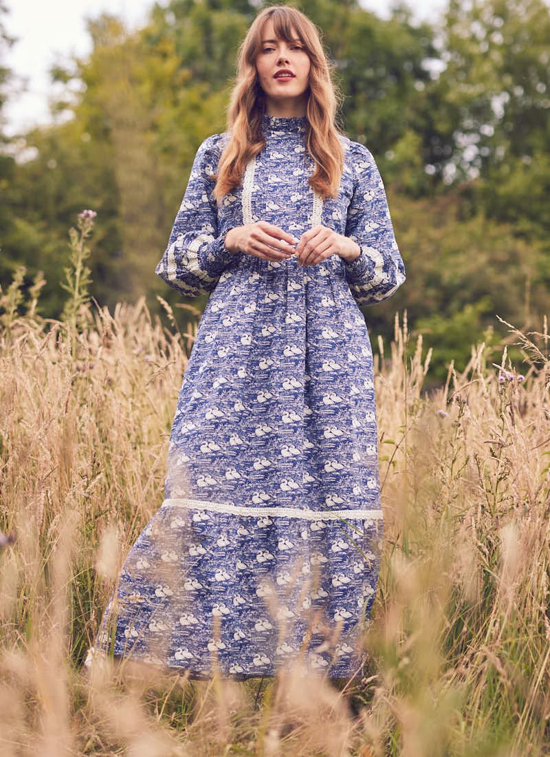 Image of Laura Ashley X Joanie - Avalon Antique Swans Print High Neck Prairie Dress