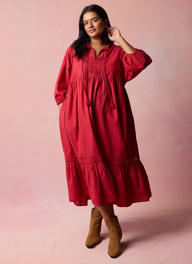 Meryl Tie Neck Dobby Midi Dress - Red