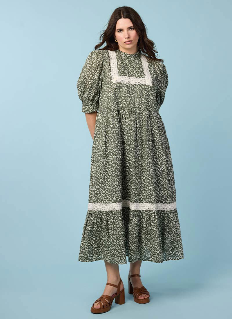 Image of Ceri Sage Floral Print Puff Sleeve Prairie Dress