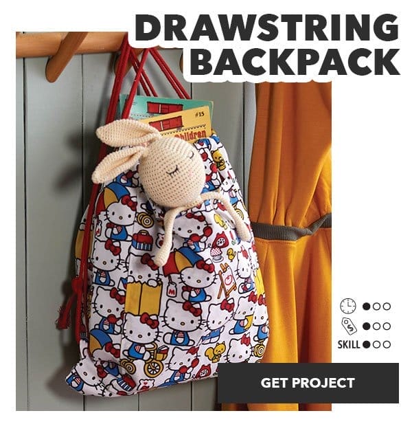 Drawstring Backpack. Time: 1 out of 3; Cost: 1 out of 3; Skill: 1 out of 3. Get Project.