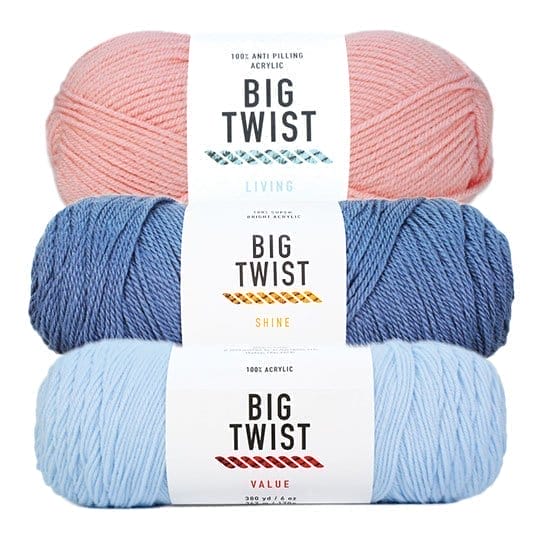 Big Twist Value, Shine, Gentle and Living Yarn.