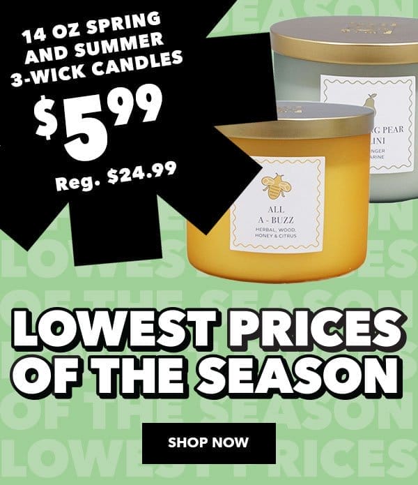 14 oz Spring and Summer 3-Wick Candles. \\$5.99. Reg. \\$24.99. Lowest Prices of the Season. Shop Now