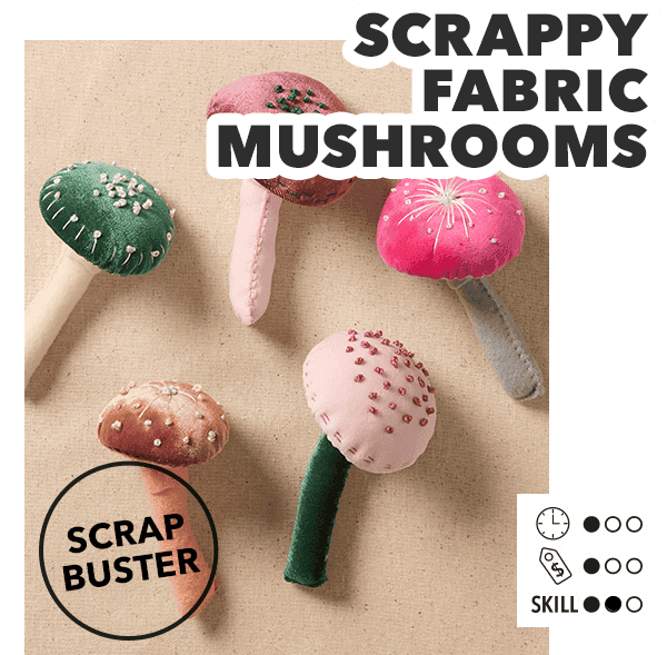 Scrappy Fabric Mushrooms. Time: 1 out of 3; Cost: 1 out of 3; Skill: 2 out of 3. Get Project.