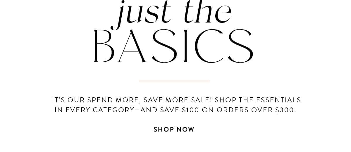 JUST THE BASICS It's our spend more, save more sale! Shop the essentials in every category - and save \\$100 on orders \\$300. SHOP NOW