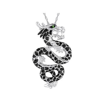 Black Spinel Rhodium Over Sterling Silver Dragon Pendant with Chain 0.44ctw