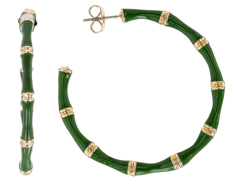 Green Enamel Gold Tone Bamboo Design Hoop Earrings