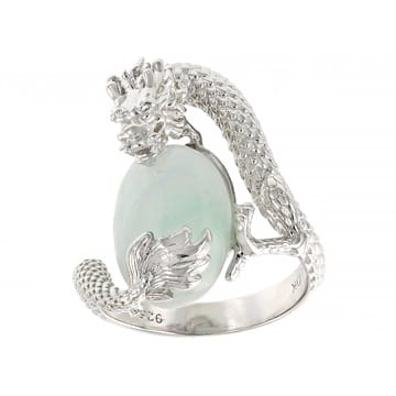 Green Jadeite Rhodium Over Sterling Silver Dragon Ring