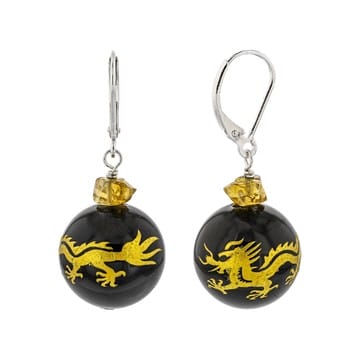 Black Onyx with Citrine Rhodium Over Sterling Silver Carved Dragon Earrings 0.51ctw