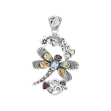 Multi-Stone Sterling Silver With 18K Gold Accents Dragonfly Pendant 2.77ctw