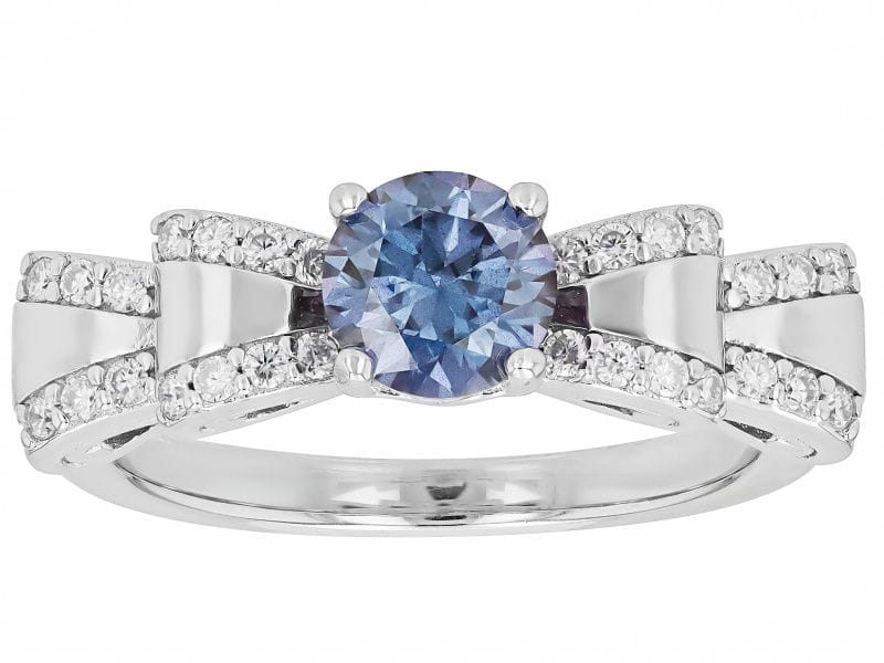 Blue And Colorless Moissanite Platineve Bow Ring 1.08ctw DEW.