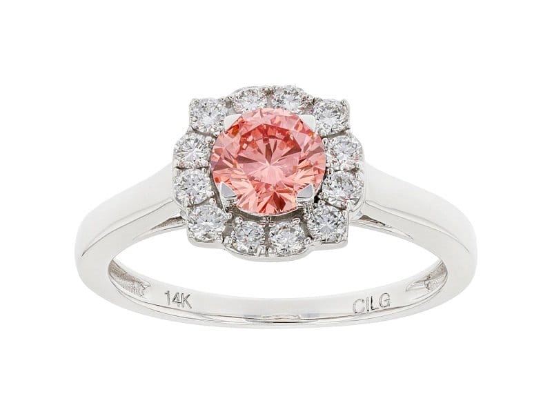 Pink And White Lab-Grown Diamond 14k White Gold Halo Ring 1.00ctw