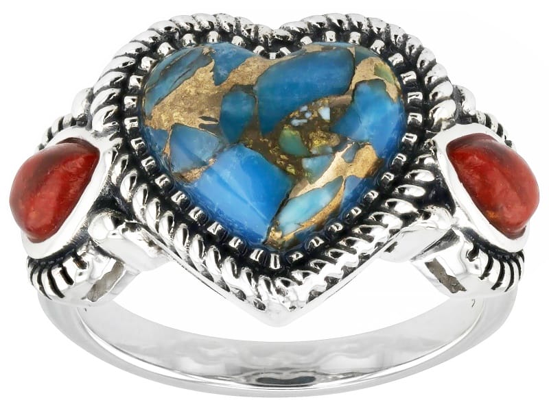 Blue Heart Turquoise and 6x10mm Pear Red Coral Sterling Silver Ring