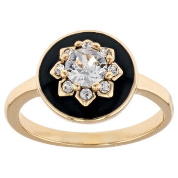 Black Enamel & Crystal Gold Tone Brass Ring