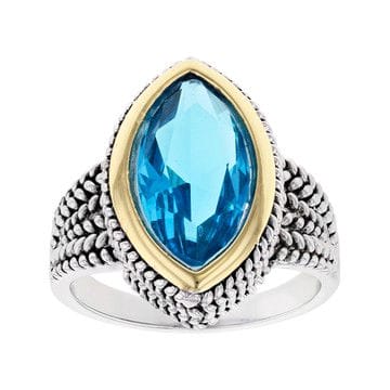 Blue Crystal 14k Yellow Gold And Rhodium Over Brass Two-Tone Ring