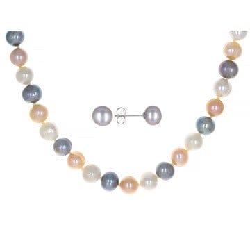 Multi-Color Cultured Freshwater Pearl Rhodium Over Silver 18 Inch Necklace and Stud Earrings Set