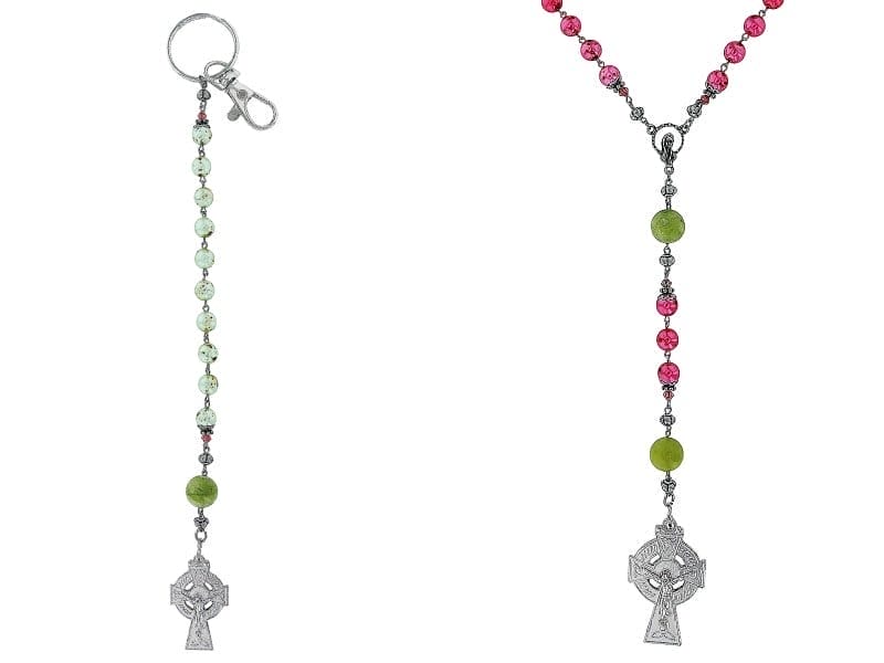 Connemara Marble Red Crystal Multi Color Bead Silver Tone Rosary & Key Chain Set