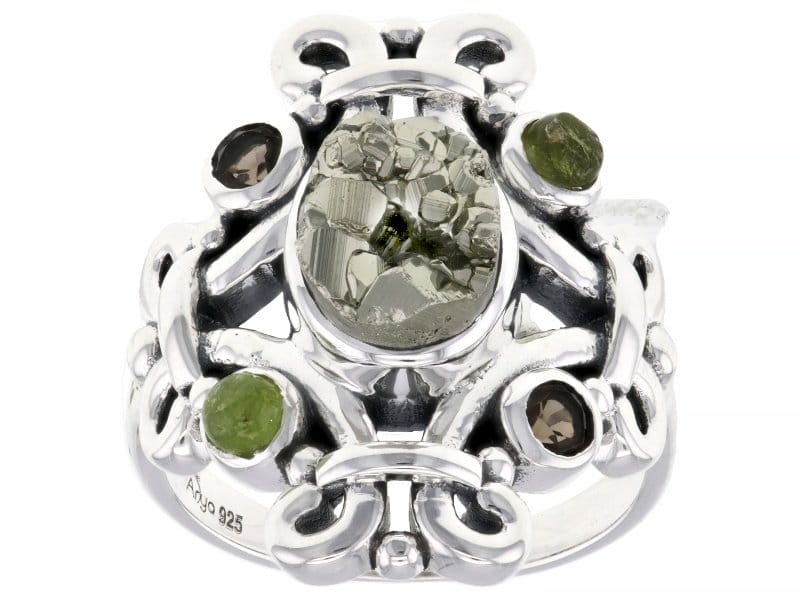 Pyrite Smokey Quartz and Idocrase Sterling Silver Ring. 0.32ctw