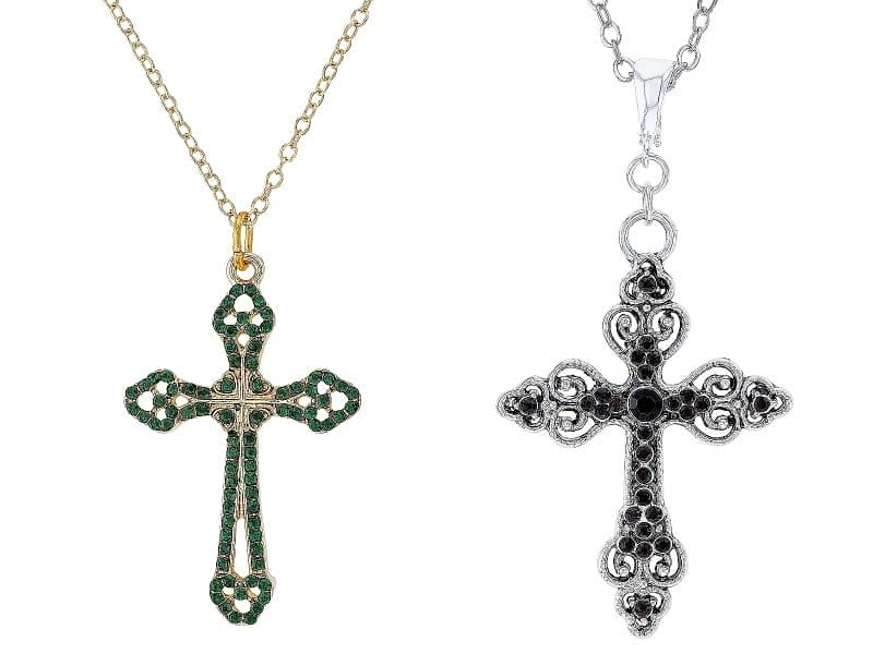 Multi Color Crystal Set of Two Silver Enhancer and Gold Tone Cross Pendant