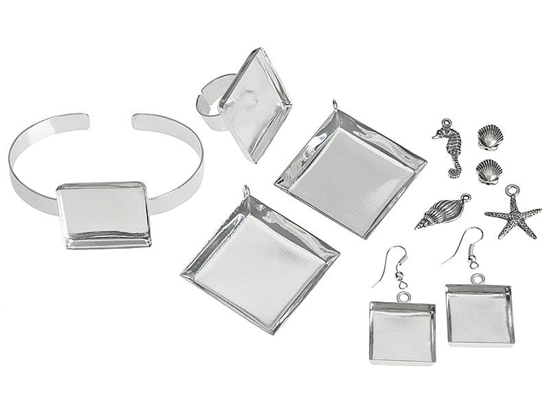 Bezel & Embeddables Kit incl 2 Pendant Bezels 1 Pair Earring Bezels Square Ring Bezel & Bracelet