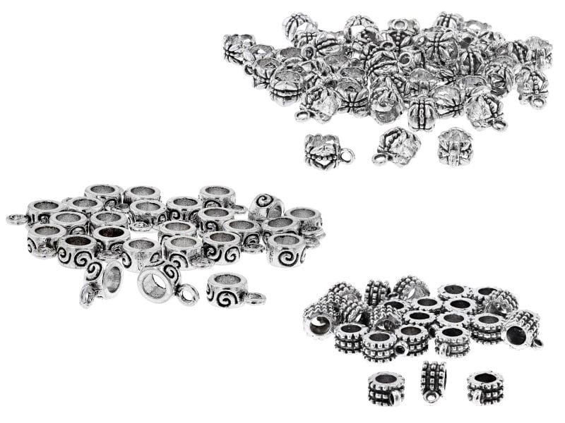 Slider Bails in 3 Designs in Antiqued Silver Tone Appx 100 Pieces Total