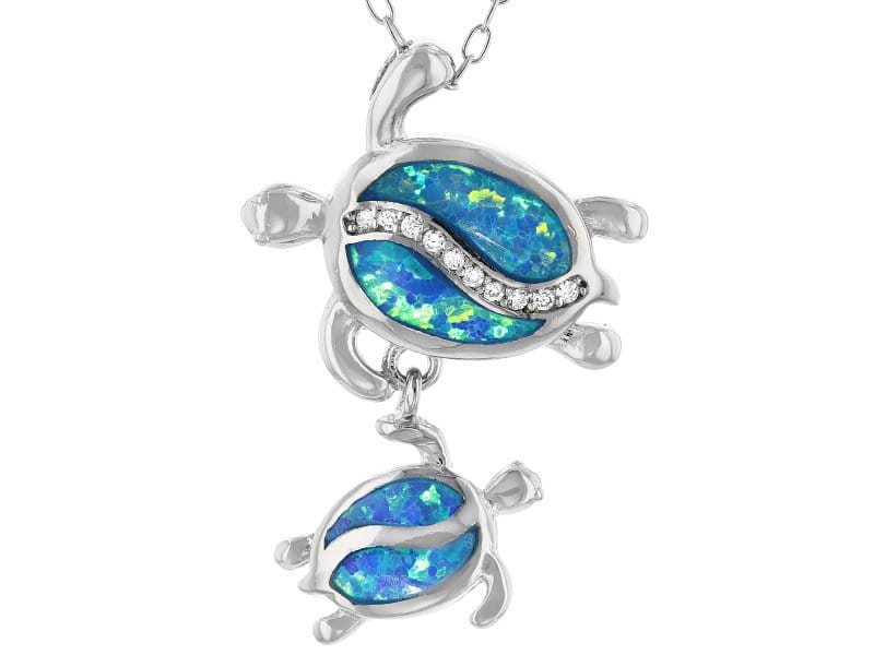 Lab Created Opal And White Cubic Zirconia Rhodium Over Sterling Turtle Pendant With Chain 0.12ctw