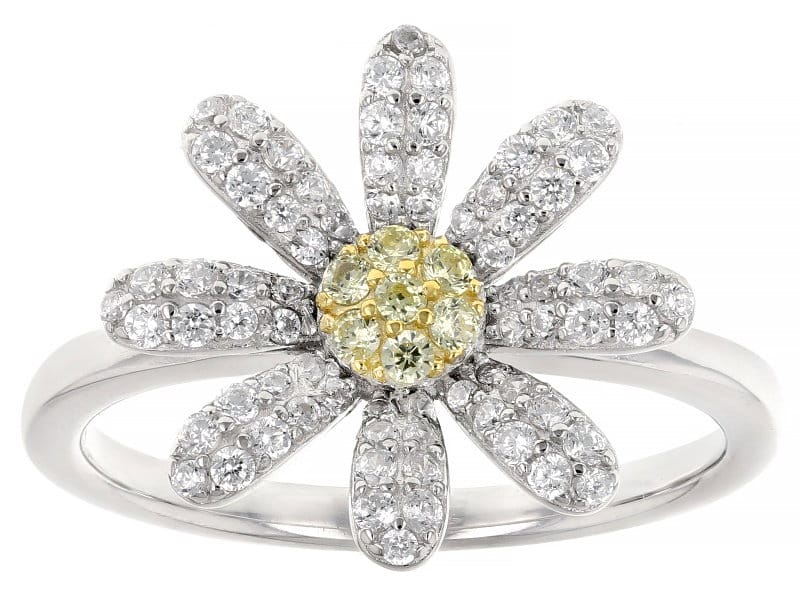 Yellow And White Cubic Zirconia Rhodium And 18k Yellow Gold Over Silver Daisy Ring 0.92ctw