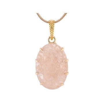 32x22mm Carved Rose Quartz 18K Rose Gold Over Sterling Silver Floral Pendant With Chain