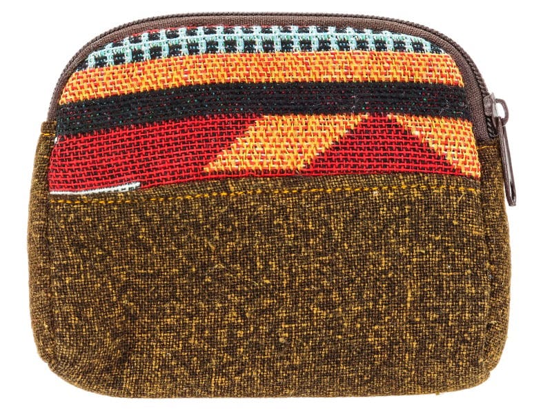 Red Tribal Pattern and Brown Fabric Zipper Wallet