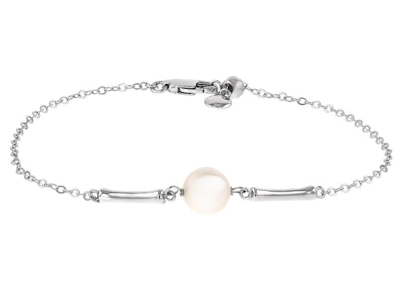 White Cultured Freshwater Pearl with White Zircon Rhodium Over Sterling Silver Bracelet