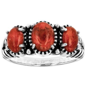 Oval Red Coral Three-Stone Oxidized Sterling Silver Ring