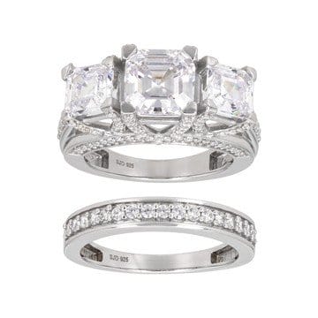 White Cubic Zirconia Platinum Over Sterling Silver Asscher Cut 30th Anniversary Ring Set 8.00ctw