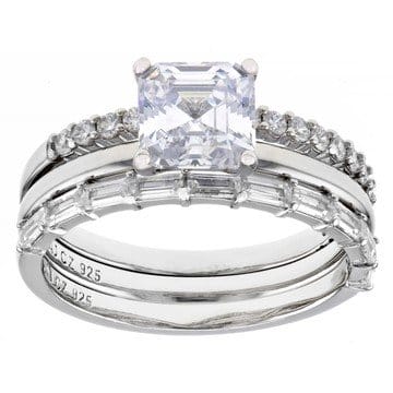 White Cubic Zirconia Platinum Over Sterling Silver Asscher Cut Ring Set Of 3 3.45ctw