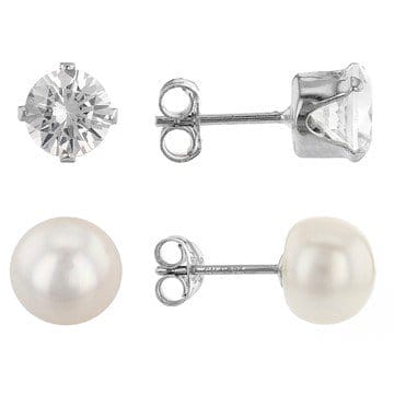 White Cultured Freshwater Pearl & White Lab Sapphire Rhodium Over Silver Stud Earring Box Set of 2