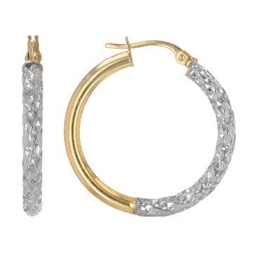 10k Yellow Gold & Rhodium Over 10k Yellow Gold Polished & Diamond-Cut 1 1/32" Hoop Earrings